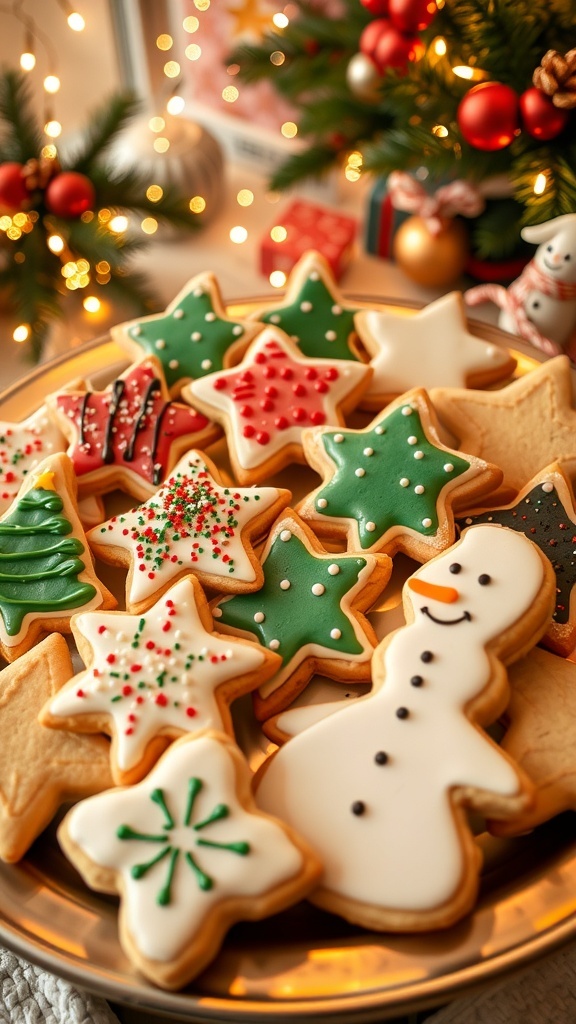 Christmas Cookie Decorating Ideas A festive platter of decorated Christmas cookies in star, tree, and snowman shapes, showcasing colorful icing and sprinkles.